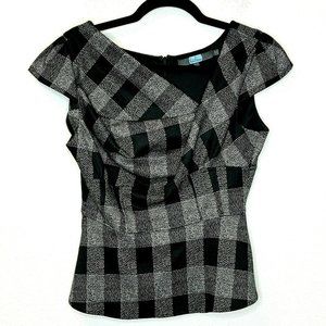 Eva Franco Black Plaid Yuki Asymmetric Neck Cap Sleeve top